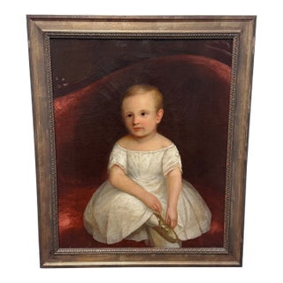 American Folk Art Portrait of a Young Child Holding a Slipper, C. 1830–1850 For Sale