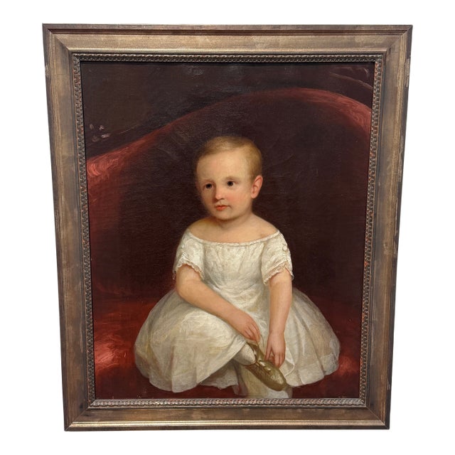 American Folk Art Portrait of a Young Child Holding a Slipper, C. 1830–1850 For Sale