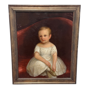 American Folk Art Portrait of a Young Child Holding a Slipper, C. 1830–1850
