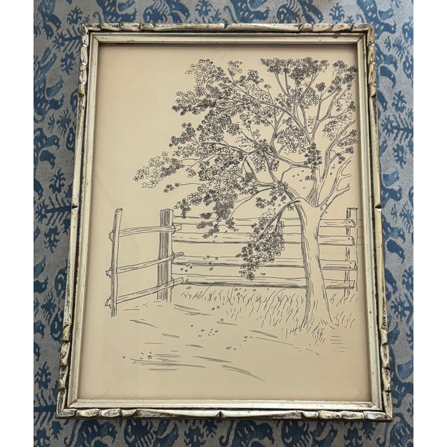 1940s Original Ink Drawing of Tree and Fence in Silverleaf Frame For Sale - Image 14 of 14