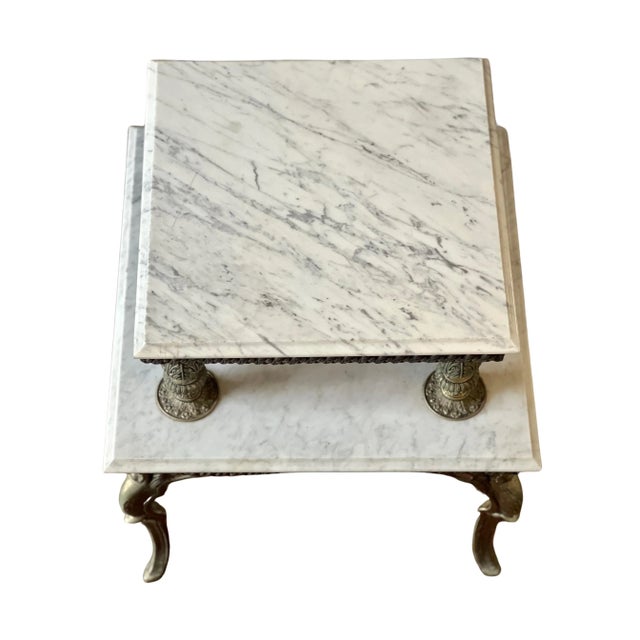 French 1940s French Gilded Brass and Carrera Marble Two Tier Side Table For Sale - Image 3 of 10