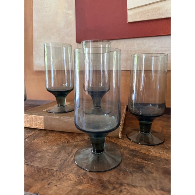 Set of Five (5) Vintage Smoky Blue Gray Glass Goblets Attributed to Dartington For Sale - Image 9 of 10