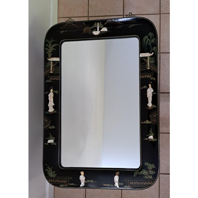 Late 20th Century Vintage Chinese Black Lacquer Chinoiserie Wall Mirror With Mother-of-Pearl Inlay, 40" X 30" For Sale - Image 5 of 15