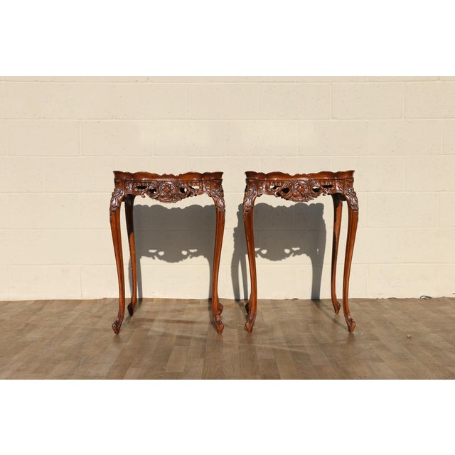 Rococo Pair of Louis XV Style Marquetry Side Tables/End Tables | French Rococo Revival Carved Wood For Sale - Image 3 of 18