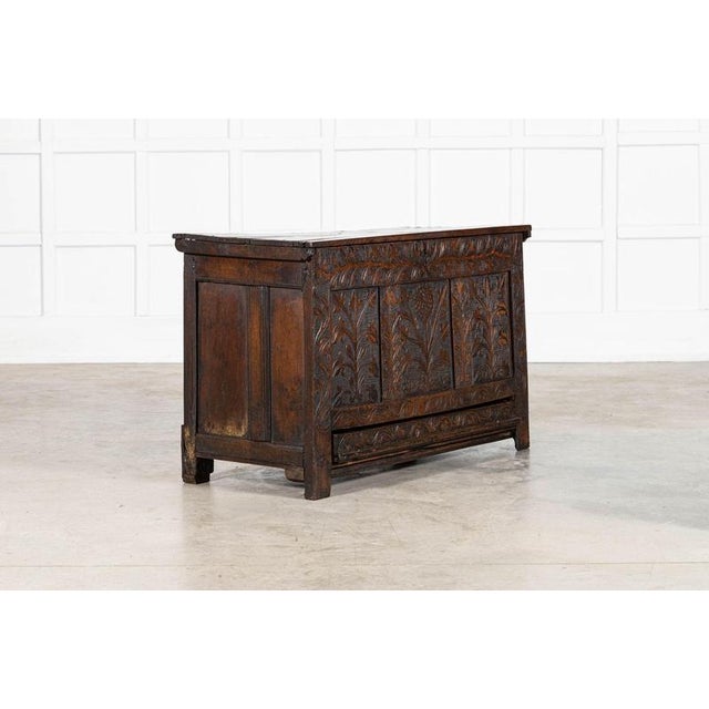 English Carved Oak Mule Chest, 1680 For Sale - Image 3 of 16