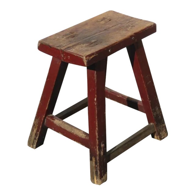 Vintage French Country Farmhouse Rustic Red Stool For Sale