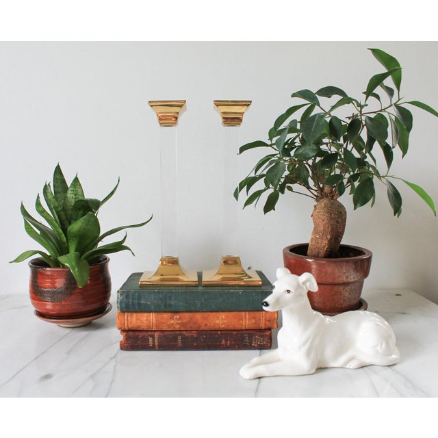 Hollywood Regency Vintage Brass & Lucite Candle Holders For Sale - Image 3 of 10