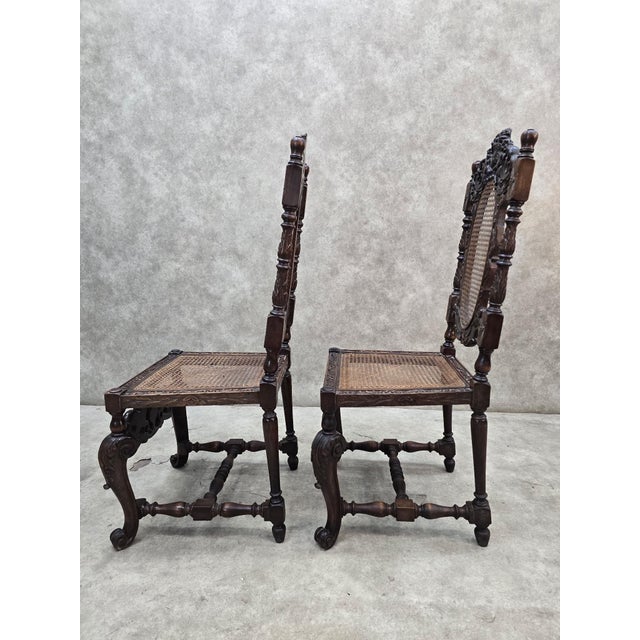 Antique Jacobean Renaissance Revival Carved Oak Cane Throne Chairs - Pair For Sale - Image 4 of 12