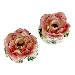 1940s Vintage Boho Chic Hollywood Regency Japanese Rose Candle Holders - A Pair For Sale