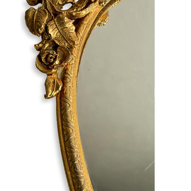 Metal Vintage French Oval Mirrored Vanity Tray With Gold Roses, Circa 1950s For Sale - Image 7 of 9