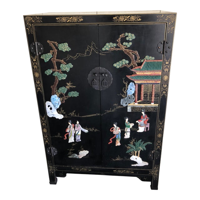 20th Century Chinoiserie Decorated Black Lacquer and Hardstone