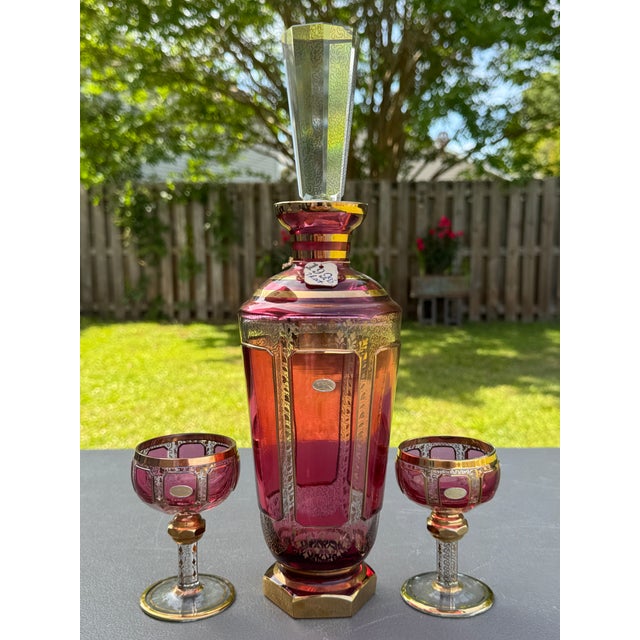 Early 20th Century Early 1900s Moser Bohemian Cranberry Paneled Cabochon 24k Gold Decanter Set For Sale - Image 5 of 17