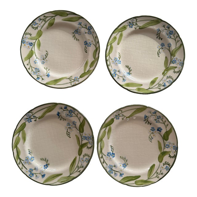 1990s Franciscan Forget Me Not Dinner Plates 10.25 Inches Hand Decorated - Set 4 For Sale