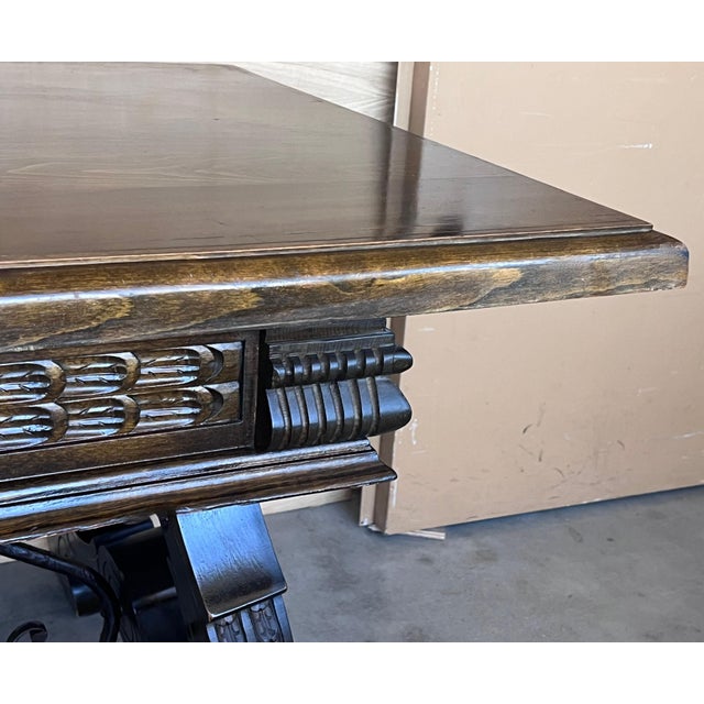 Brown Early 20th Century Large Spanish Two Faces Baroque Style Oak Library Table or Center table For Sale - Image 8 of 18