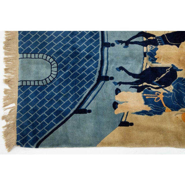 1920s Blue & Tan Chinese Antique Peking Handmade Wool Rug With Pictorial Design For Sale - Image 5 of 8