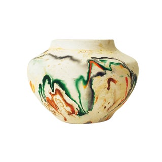 Vintage Nemadji Green & Orange Pottery Vase For Sale