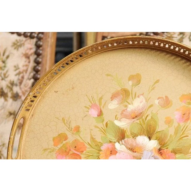 Early 20th Century French Tôle Tray with Hand-Painted Bouquet of Roses and Pierced Gallery For Sale - Image 4 of 12
