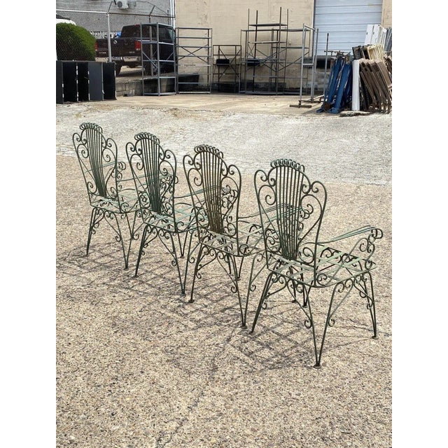 Green Vintage Neoclassical Style Green Wrought Iron Lyre Harp Garden Chairs - Set of 4 For Sale - Image 8 of 12