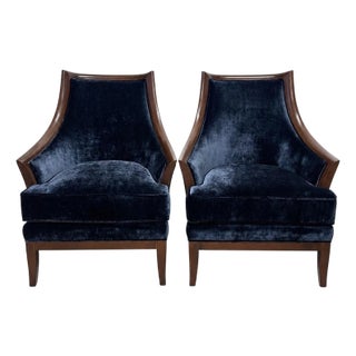 Pair of Italian Designed Lounge Club Chairs Upholstered in Blue Gp&j Baker Kings Velvet For Sale