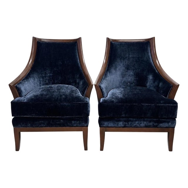 Pair of Italian Designed Lounge Club Chairs Upholstered in Blue Gp&j Baker Kings Velvet For Sale