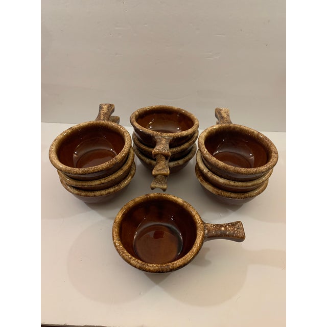 Vintage Hull Pottery Brown Drip Soup Bowls with Handles Set of 10