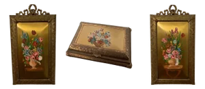 Baroque Jewelery Box and Pictures Set in Golden Nickel Silver, Set of 3