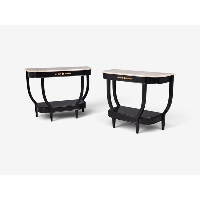 1940s Louis XVI Style, Console Tables, Ebonized Wood, Bronze, Marble, France, 20th C. For Sale - Image 5 of 16