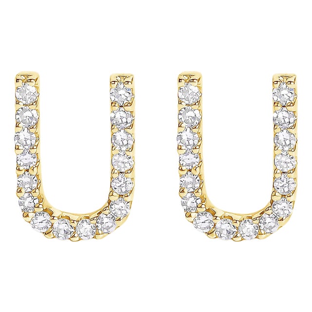 10K Yellow Gold 1/10 Cttw Diamond 'U' Initial Stud Earring For Sale