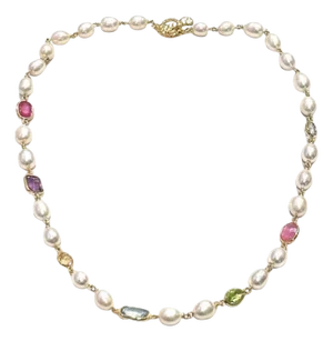 Bochic "Capri" Ruby & Lemon Quartz & Mix gems Necklace Set In 18K Gold & Silver