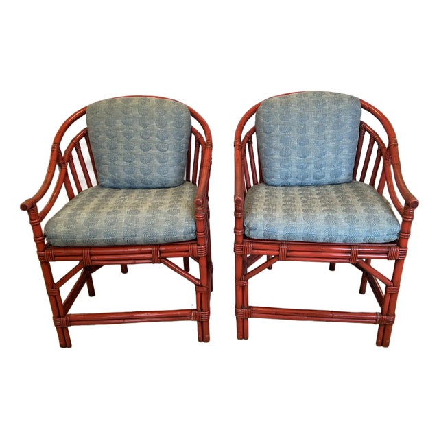 Red Coral Bamboo & Rattan Club Chairs With Custom Cushions -a Pair For Sale