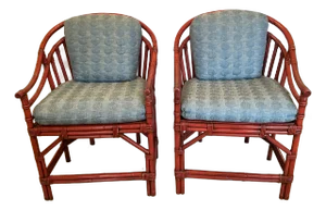 Red Coral Bamboo & Rattan Club Chairs With Custom Cushions -a Pair
