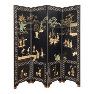 Vintage 20th-Century Chinese Black Lacquer 4-Panel Folding Screen – Carved Soapstone & Mother-of-Pearl Inlay by Tianshui Feitian For Sale