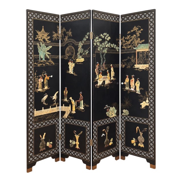 Vintage 20th-Century Chinese Black Lacquer 4-Panel Folding Screen – Carved Soapstone & Mother-of-Pearl Inlay by Tianshui Feitian For Sale