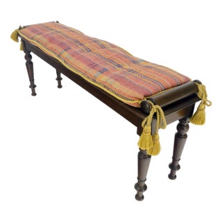 Fine Turned Solid Mahogany Base Tassels Decorated Upholstery 48" Long Bench MINT For Sale