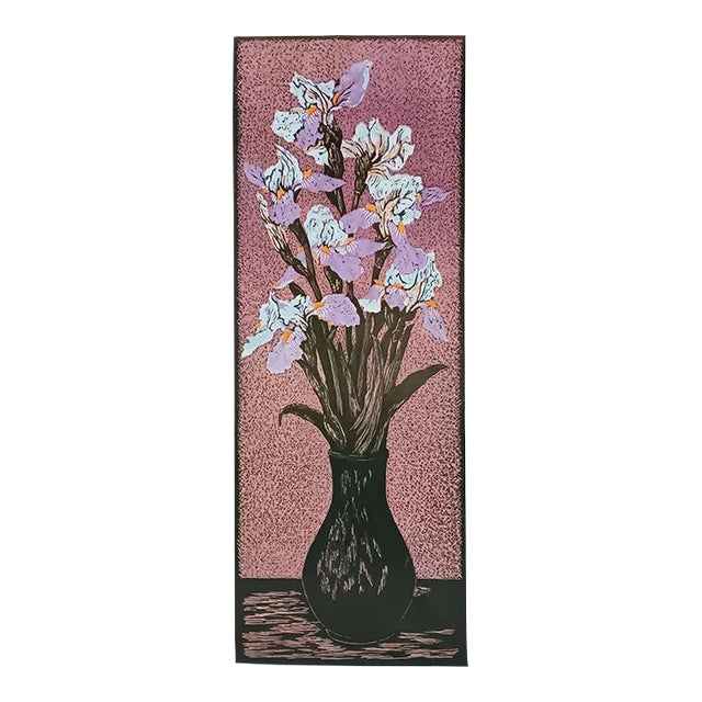 Vintage Mid Century Lavender and White Iris Still Life Block Print For Sale