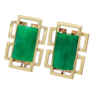 Pair of Signed Wedderien Mid-Century Modern 18k Gold & Jade Clip-on Earrings For Sale
