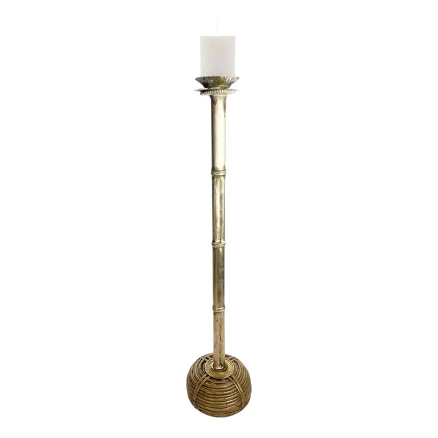 Large Brass and Rattan Candleholder in the style of Gae Aulenti, France, 1970s For Sale