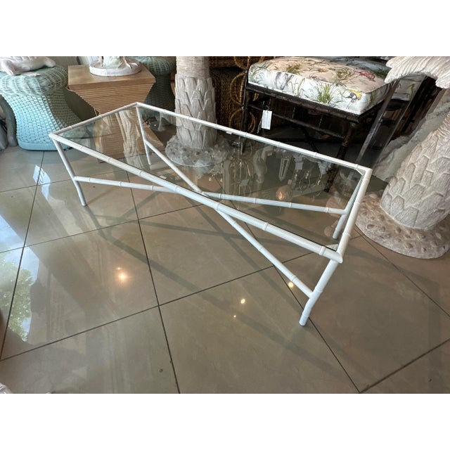 Vintage Faux Bamboo Patio Outdoor Metal Newly Powder-Coated White Coffee Cocktail Table For Sale - Image 12 of 12