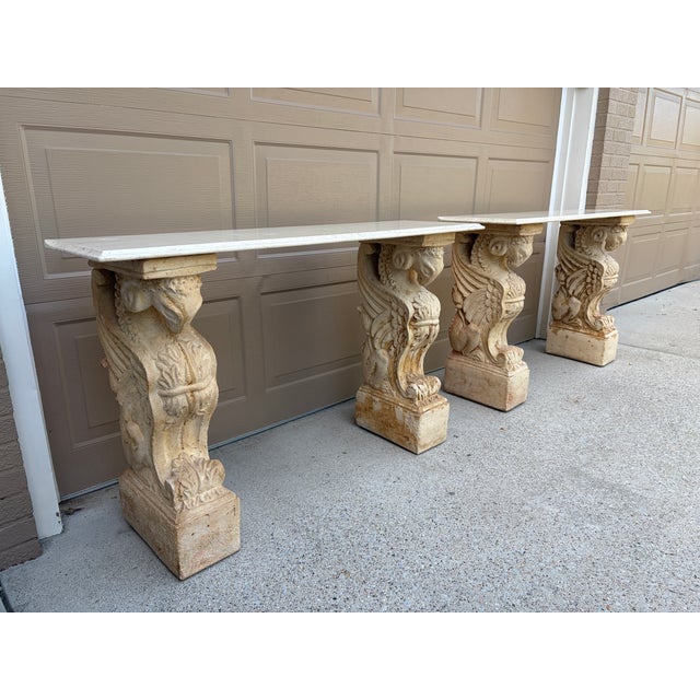 Late 20th Century Pair of Neoclassical Travertine Consoles With Winged Figural Bases For Sale In South Bend - Image 6 of 14