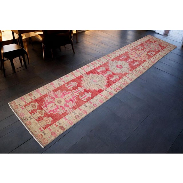 Hand-Knotted Turkish Runner Rug, Low Pile Hallway Rug Kitchen Decor - 3′ × 12′3″ For Sale - Image 4 of 18