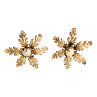 Hollywood Regency Florentine Flower-Shaped Gilt Flush Mount with Hand-Forged, Floral, Gilded with Gold Leaf in the style of Hans Kögl, Italy, 1960s For Sale