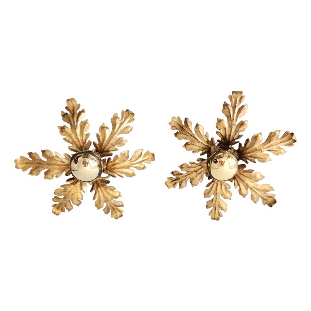 Hollywood Regency Florentine Flower-Shaped Gilt Flush Mount with Hand-Forged, Floral, Gilded with Gold Leaf in the style of Hans Kögl, Italy, 1960s For Sale
