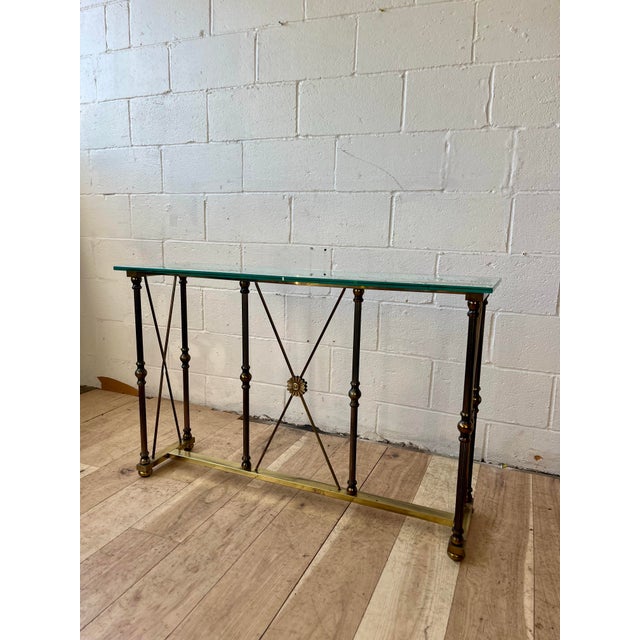 Maison Jansen Vintage Hollywood Regency Brass and Glass Console Table With Bronze Supports For Sale - Image 4 of 10