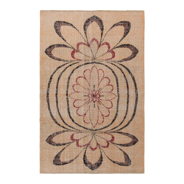 Hand-Knotted Vintage Mid-Century Distressed Rug, Beige, Black Red Deco Medallion For Sale In New York - Image 6 of 6