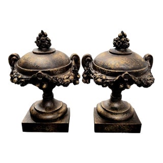 Vintage Neoclassical Antiqued Gold Classic Urn Shaped Bookends- A Pair For Sale