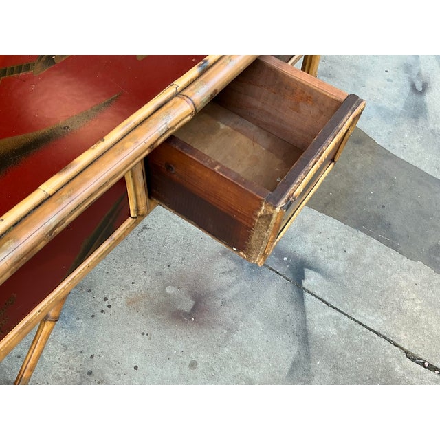 Victorian Chinoiserie & Burnt Bamboo Red Lacquer Side Table Desk For Sale - Image 4 of 8
