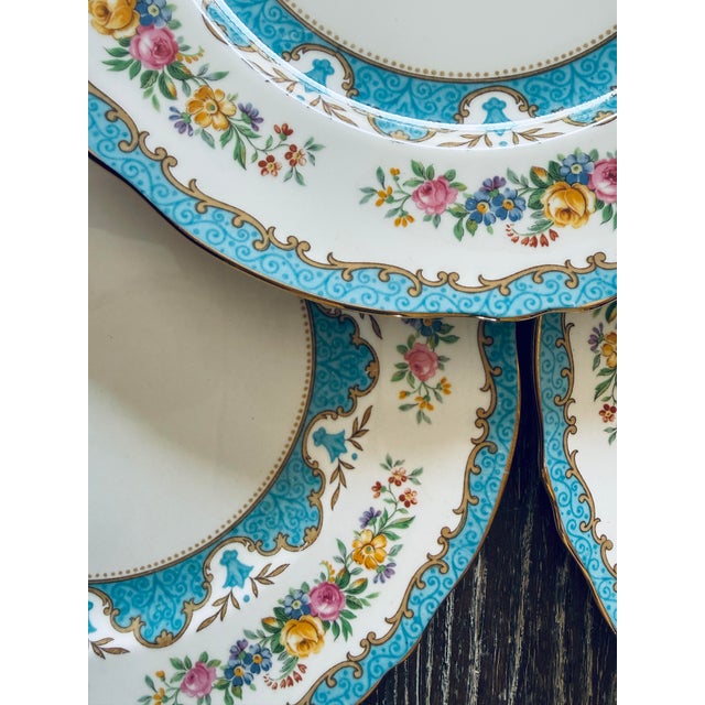 English Vintage Crown Staffordshire Lyric Tunis Blue Dinner Plates – Set of 6 – Fine Bone China England – 1930s–1950s For Sale - Image 3 of 9