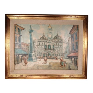 Oil Painting Cathedral Square Scene Southern Europe Signed Mid-Late 1930s Framed For Sale