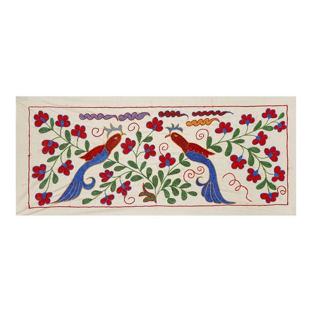 Floral Suzani Embroidery - Bird Table Runner and Wall Art 1'4'' X 3'1'' For Sale