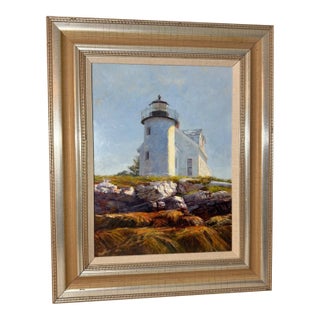 2009 Jerry Rose Oil Painting Rockweed Pumpkin Island Lighthouse Oil Painting For Sale